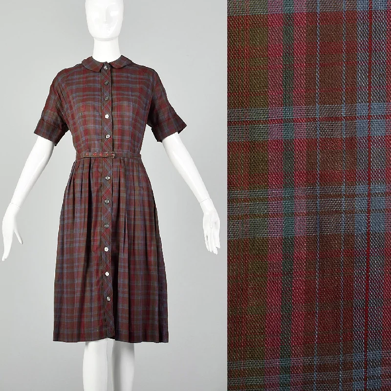 XL 1950s Burgundy Plaid Shirtwaist Day Dress Cotton Short Sleeve