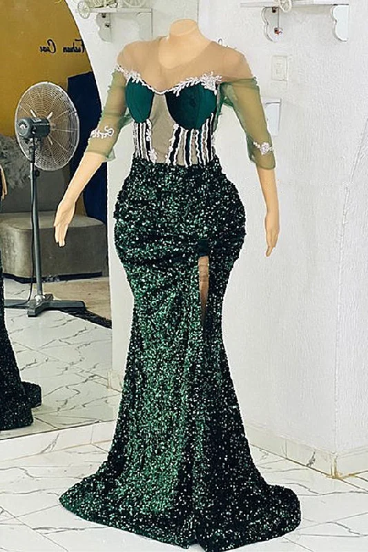 Jewel Mermaid Lace Applique Sequined Floor-length Half Sleeves High Split Prom Dress Jewel Mermaid Lace Applique Sequined Floor-length Half Sleeves High Split Prom Dress