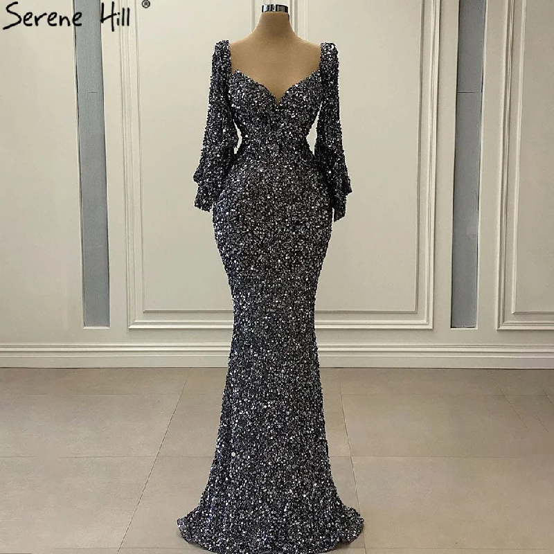 Serene Hill Grey Sliver Luxury Evening Dresses Gowns 2024 Elegant Sexy Flared Sleeves For Woman Party LA71178