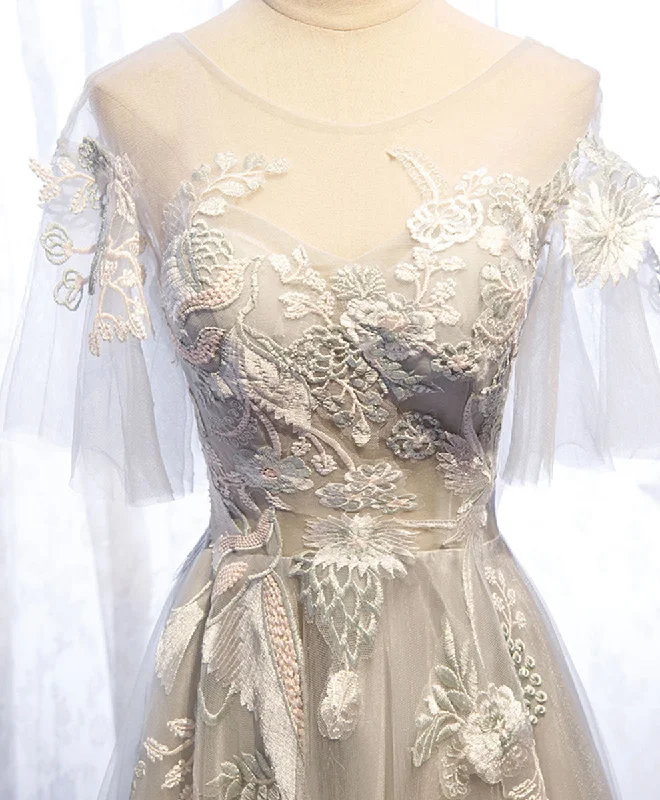 Gray Aline Lace Long Prom Dress, Gray Tulle Lace Formal Graduation Dress