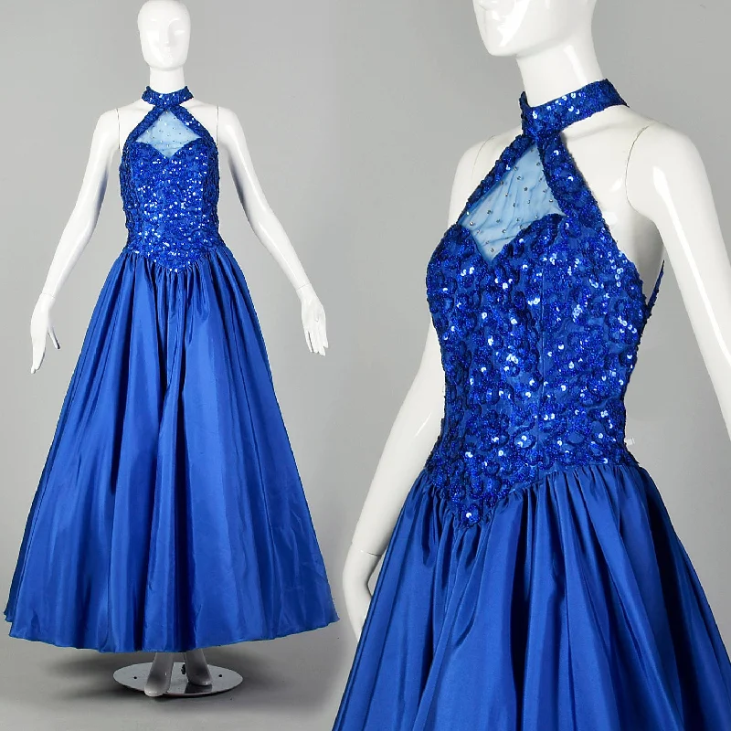 Small 1980s Ballgown Mike Bennet Dress Royal Blue Sequin Gown Prom Pageant Formal Event Full Skirt