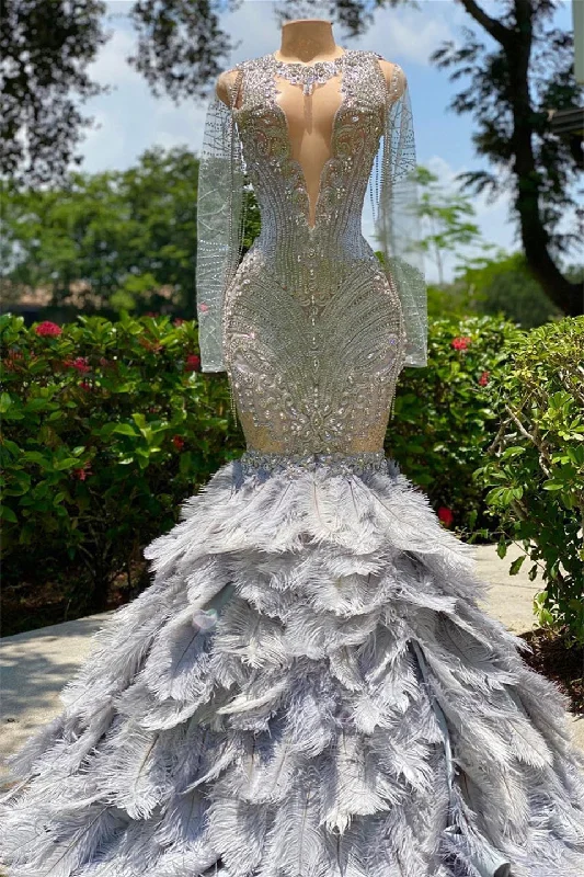 Mermaid Jewel Lace Sequined Open Back Floor-length Long Sleeve Lace Beading Prom Dress With Feather Mermaid Jewel Lace Sequined Open Back Floor-length Long Sleeve Lace Beading Prom Dress With Feather