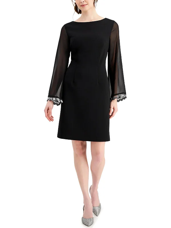 Womens Boatneck Sheer Sleeves Sheath Dress