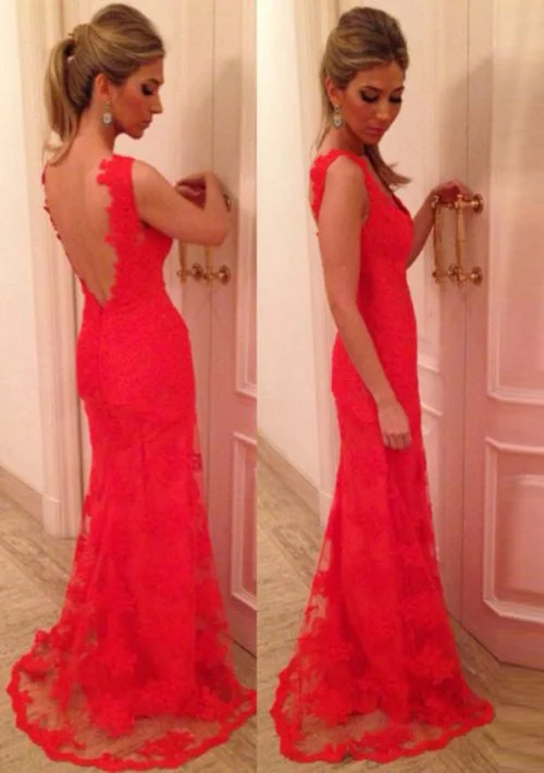 Red Prom Dresses, Sheath/Column V Neck Sleeveless Sweep Train Lace Prom Dress With Appliqued Red Prom Dresses, Sheath/Column V Neck Sleeveless Sweep Train Lace Prom Dress With Appliqued