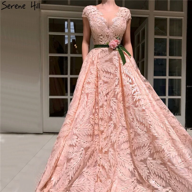 On Sale No Return No Refund  Serene Hill Peach Flowers Belt Evening Dresses Gowns 2024 A-Line Cap Sleeves Sexy For Women Party LA60771