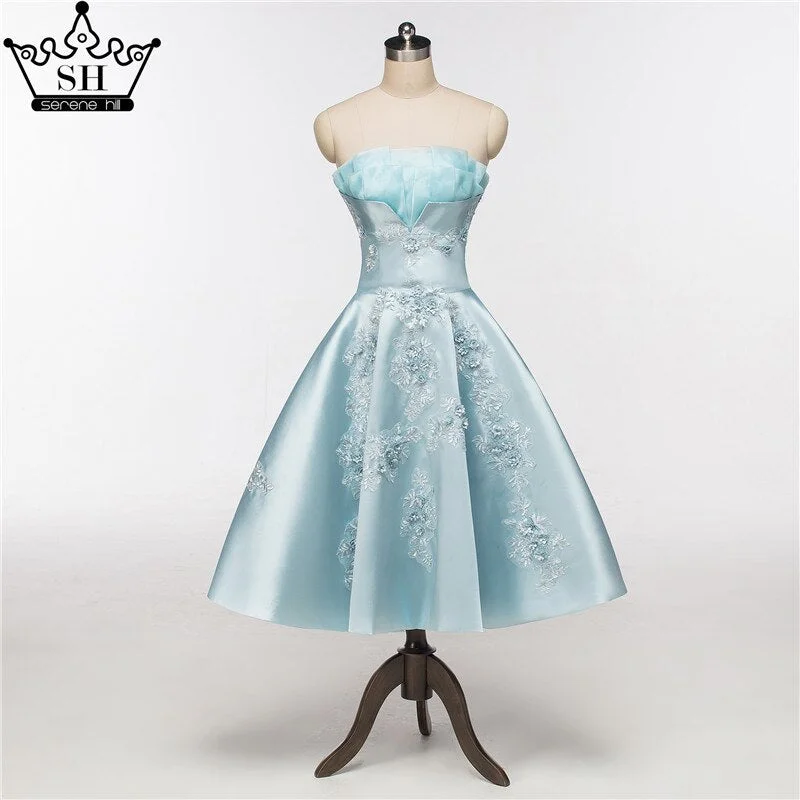 On Sale No Return No Refund Newest Short Evening Dresses Strapless Sexy Applique Satin Formal Evening Party Serene Hill HA2076 On Sale No Return No Refund Newest Short Evening Dresses Strapless Sexy Applique Satin Formal Evening Party Serene Hill HA2076