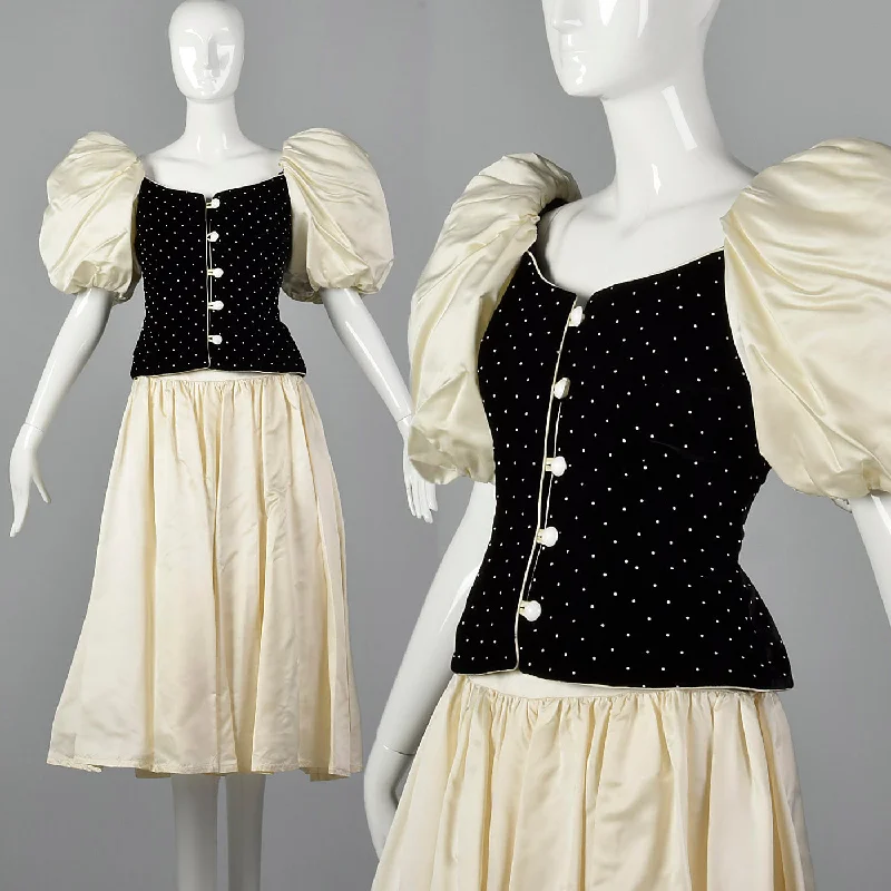 Small Patricia Rhodes 1980s Black Bodice Cream Skirt Dress Set