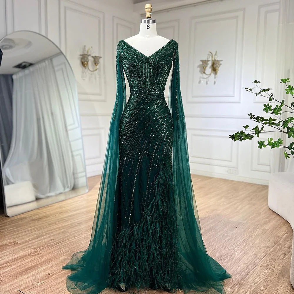 Serene Hill Black Mermaid Cape Sleeves High Split Luxury Beaded Feathers Evening Dresses Gowns 2024 For Women Party LA72216 Serene Hill Black Mermaid Cape Sleeves High Split Luxury Beaded Feathers Evening Dresses Gowns 2024 For Women Party LA72216