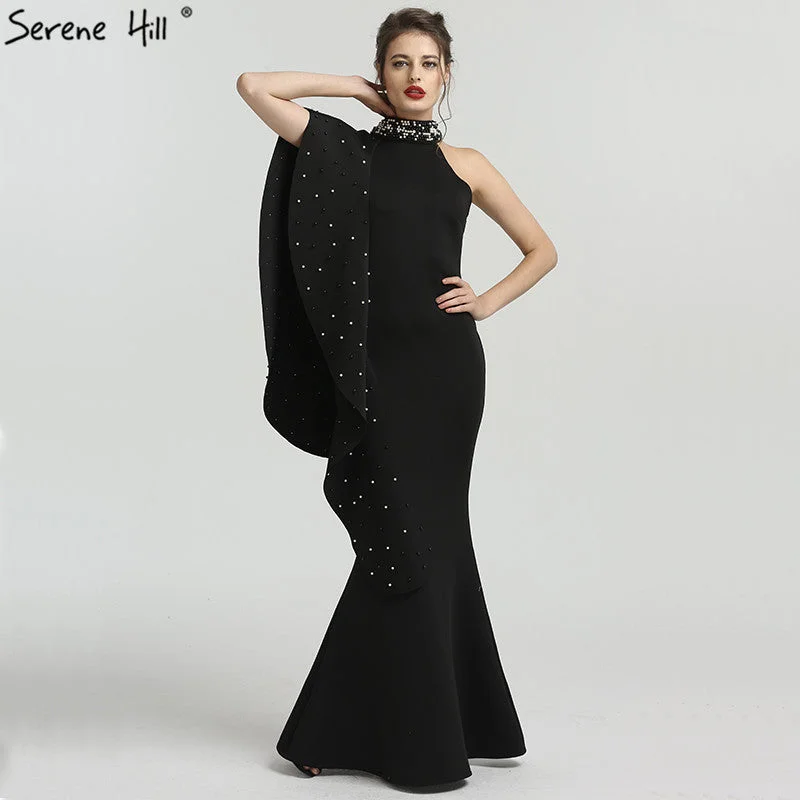 On Sale No Return No Refund Sale Design Black High Neck Mermaid Evening Dresses Elegant Pearls Sleeveless Long QA8024 On Sale No Return No Refund Sale Design Black High Neck Mermaid Evening Dresses Elegant Pearls Sleeveless Long QA8024