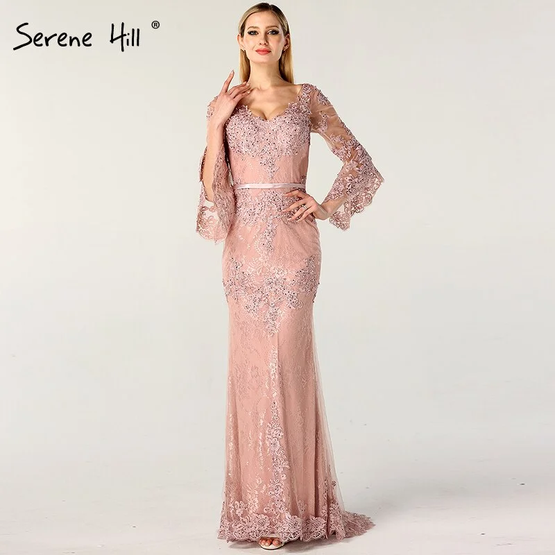 On Sale no return no refundSale Pink Lace Diamond Long Sleeves Evening Gowns Long V-Neck Sexy Evening Dress For Women 2024 Serene Hill LA60710
