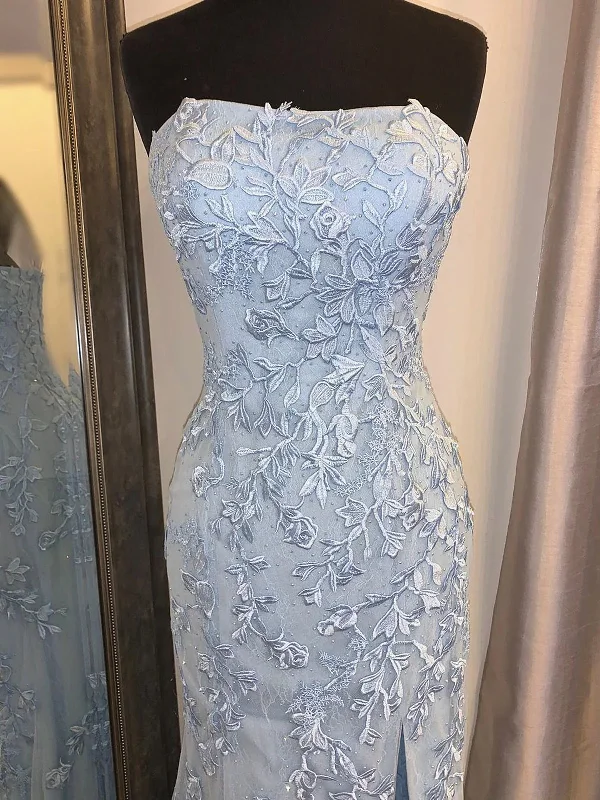 Strapless Sky Blue Lace Mermaid Long Prom Dresses, Blue Lace Mermaid Formal Graduation Dresses
