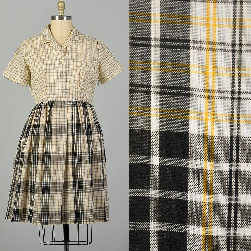 XL 1950s Yellow Cotton Day Dress Black Plaid Short Sleeves Casual Volup