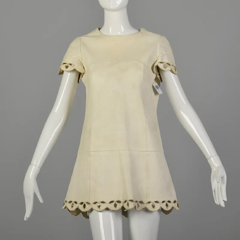 1960s Mod White Micro Mini Leather Dress Cut-Out Trim