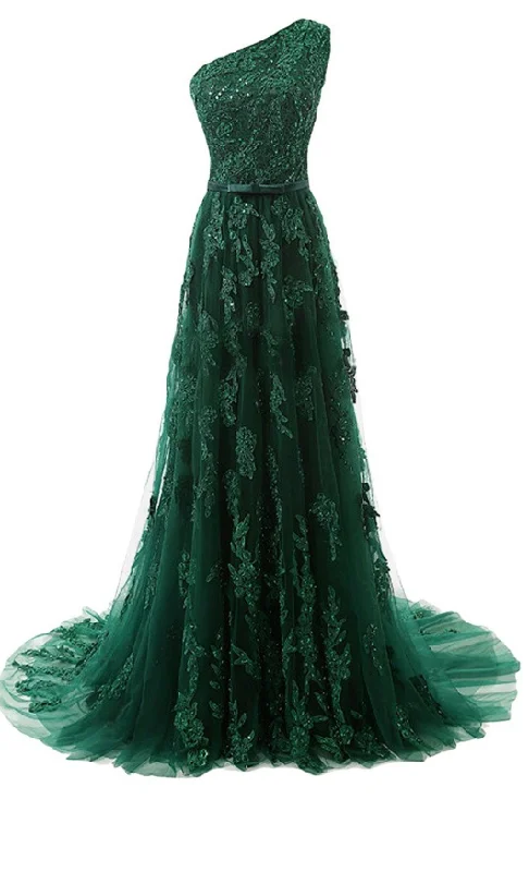 Forest Green Prom Dresses, Lace Tulle Floor Length Prom Dress Featuring One Shoulder Bodice With Bow Accent Belt Forest Green Prom Dresses, Lace Tulle Floor Length Prom Dress Featuring One Shoulder Bodice With Bow Accent Belt
