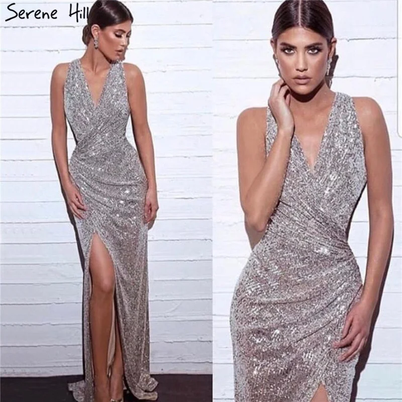 Sale Dubai Design Silver Deep-V Luxury Evening Dresses Sequined Mermaid Sexy Formal Dress 2024 Serene Hill LA70052 Sale Dubai Design Silver Deep-V Luxury Evening Dresses Sequined Mermaid Sexy Formal Dress 2024 Serene Hill LA70052