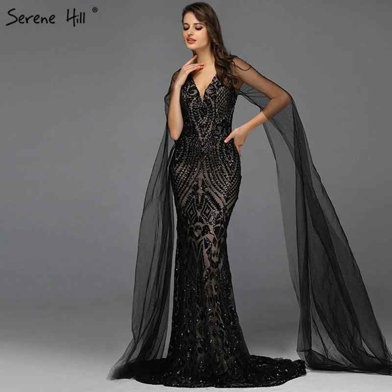 Black V-Neck Sequined Sexy Evening Dressese Mermaid Sleeveless Sparkle Evening Gowns Design 2024 Serene Hill LA70117