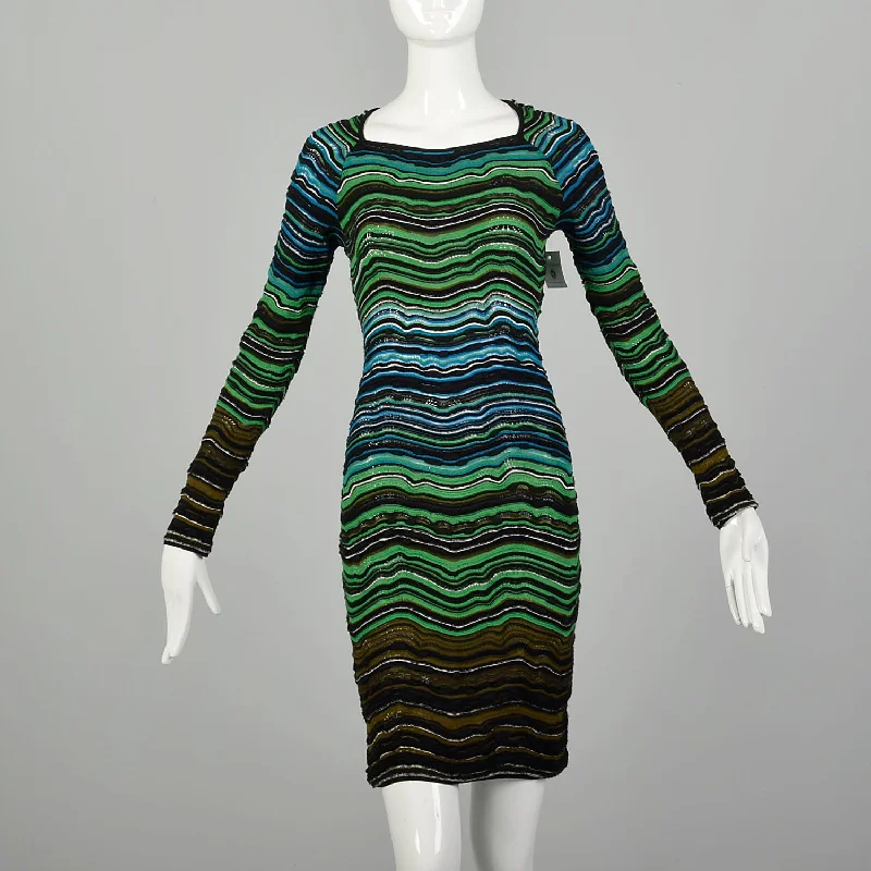 Medium M Missoni Green Knit Dress Blue Striped Long Sleeve