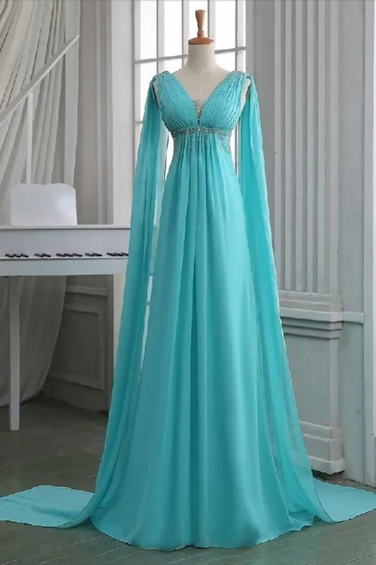 Sequins Ruched V Neck Empire Prom Dress, Turquoise Floor Length Sweep Train Prom Dress, Unique Lace-up Long Chiffon Prom Dress Sequins Ruched V Neck Empire Prom Dress, Turquoise Floor Length Sweep Train Prom Dress, Unique Lace-up Long Chiffon Prom Dress