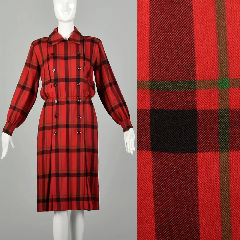 Small 1970s Yves Saint Laurent Rive Gauche Red Plaid Dress Double Breasted Long Sleeves