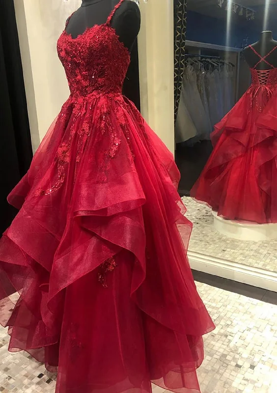 Burgundy Prom Dresses, A-line V Neck Spaghetti Straps Long/Floor-Length Lace Prom Dress With Beading Burgundy Prom Dresses, A-line V Neck Spaghetti Straps Long/Floor-Length Lace Prom Dress With Beading