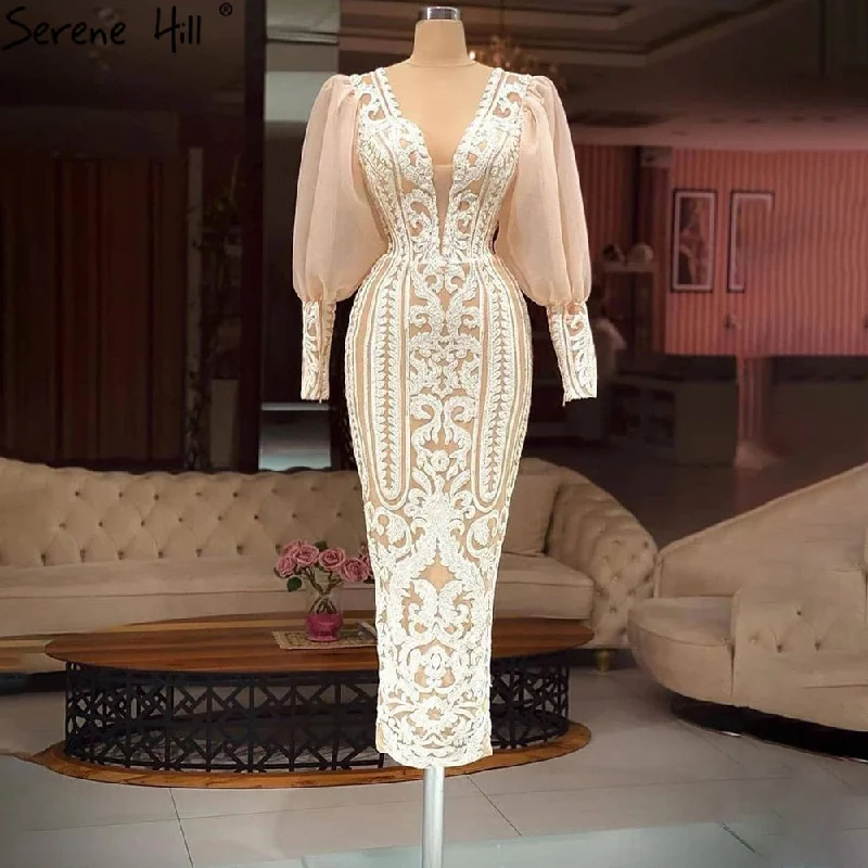 Serene Hill White Mermaid Elegant Evening Dresses Gowns 2024 Puff Sleeves Ankle-Length For Women Party LA70938