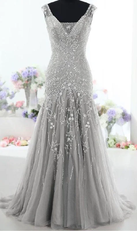 Silver Long Back Up Lace V Neck Beading Prom Dresses, Modest Prom Dresses, Charming Prom Dresses Silver Long Back Up Lace V Neck Beading Prom Dresses, Modest Prom Dresses, Charming Prom Dresses