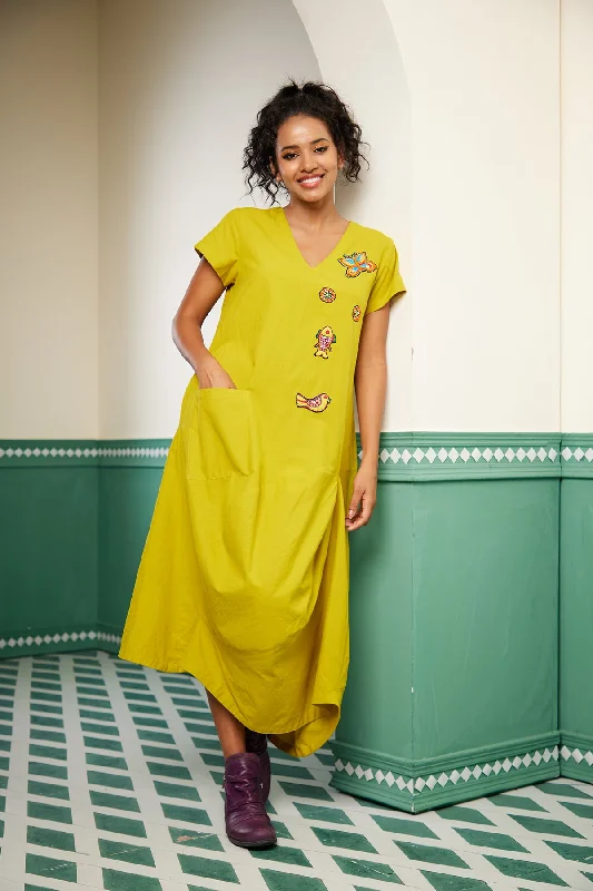 Haldi - Woven Ikat Embroidered Patch Dress