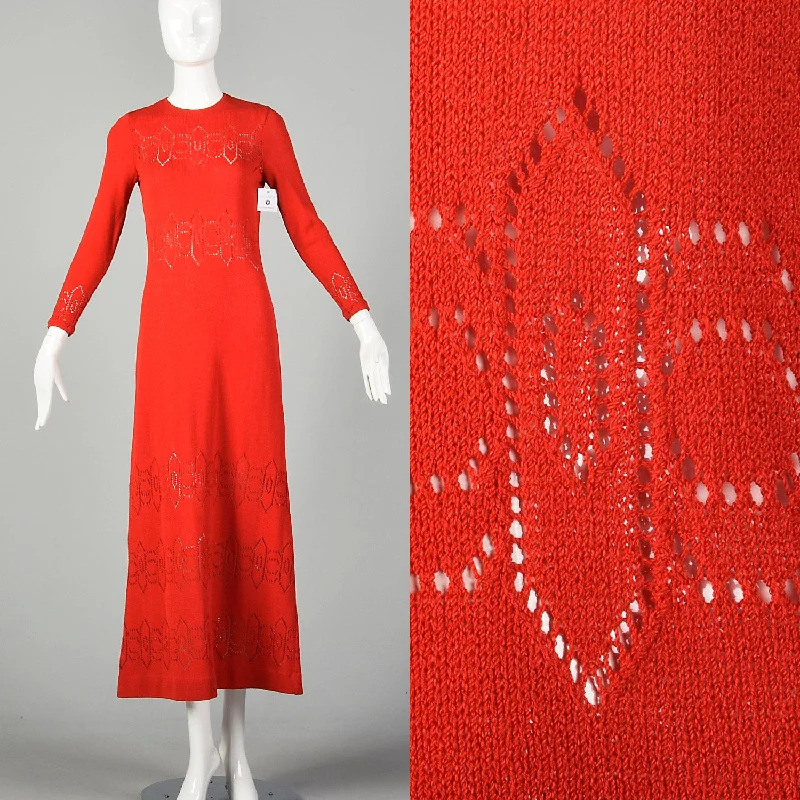 Small 1970s Dress Pat Sandler Red Knit Maxi Long Sleeve Sheer Decorative Details Knit Small 1970s Dress Pat Sandler Red Knit Maxi Long Sleeve Sheer Decorative Details Knit