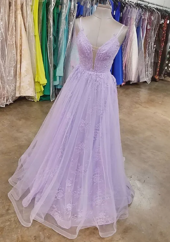 Lilac Prom Dresses, A-line V Neck Spaghetti Straps Long/Floor-Length Lace Tulle Prom Dress Lilac Prom Dresses, A-line V Neck Spaghetti Straps Long/Floor-Length Lace Tulle Prom Dress