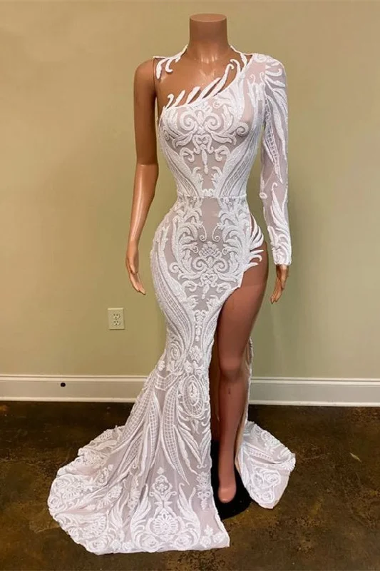 Asymmetrical Mermaid High Split One Shoulder Floor-length Long Sleeve Appliques Lace Prom Dress Asymmetrical Mermaid High Split One Shoulder Floor-length Long Sleeve Appliques Lace Prom Dress