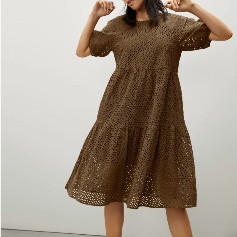 Everlane The Tiered Eyelet Dress XS Midi Cotton Walnut Brown NWT
