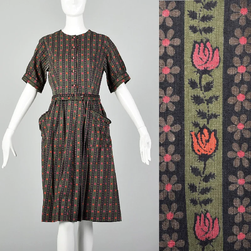 Medium 1950s Green Novelty Tulip Print Day Dress