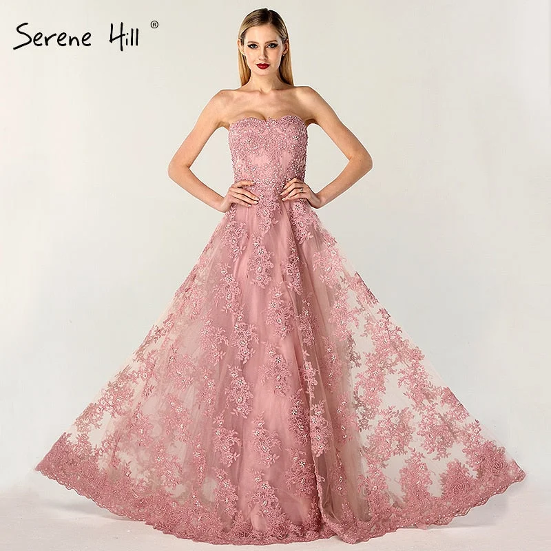 On Sale no return no refundSale Pink Off Shoulder Sexy A-Line Evening Dresses 2024 Handmade Flowers Crystal Sleeveless Formal Dress Real Photo LA6614