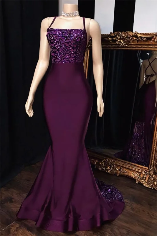 Grape Mermaid Halter Satin 2024 Lace Prom Dresses