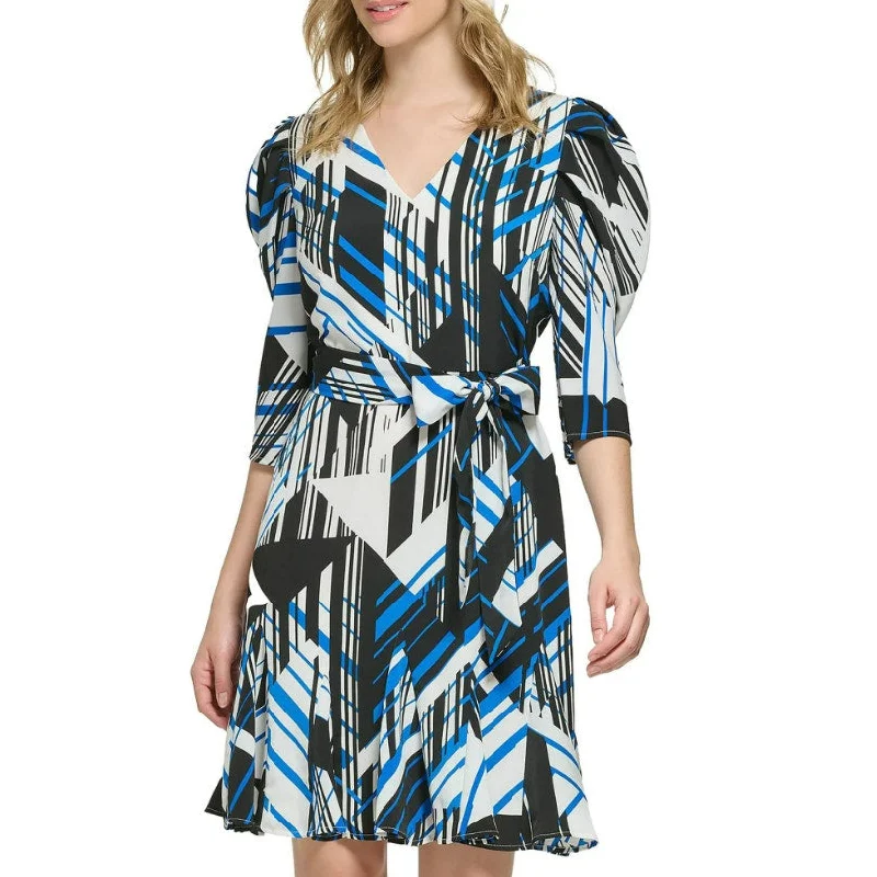 KARL LAGERFELD PARIS Fit & Flare Dress Size 10 Blue Black Print Knee-Length NWT