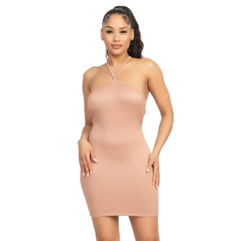 Halter Neck Ribbed Seamless Cut-out Dress