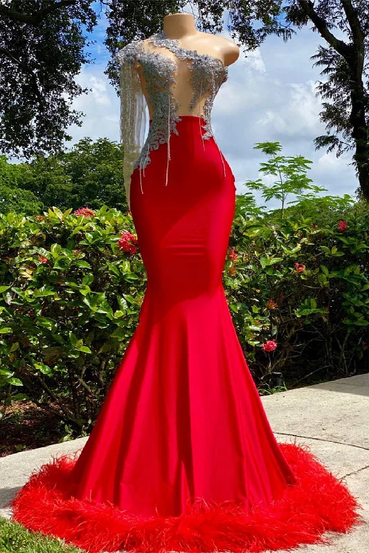Mermaid Asymmetrical Appliques Lace Sequined Open Back One Shoulder Floor-length Sleeveless Prom Dress With Feather Mermaid Asymmetrical Appliques Lace Sequined Open Back One Shoulder Floor-length Sleeveless Prom Dress With Feather