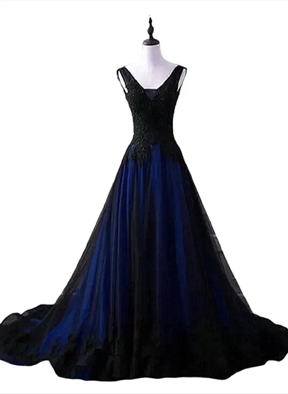 Black and Blue V-neckline Lace Applique Long Formal Dress, Black and Blue Prom Dress Black and Blue V-neckline Lace Applique Long Formal Dress, Black and Blue Prom Dress