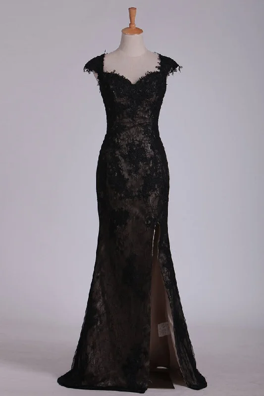 Black Off The Shoulder Sheath Prom Dresses Lace&Tulle Floor Length With Applique & Slit Black Off The Shoulder Sheath Prom Dresses Lace&Tulle Floor Length With Applique & Slit