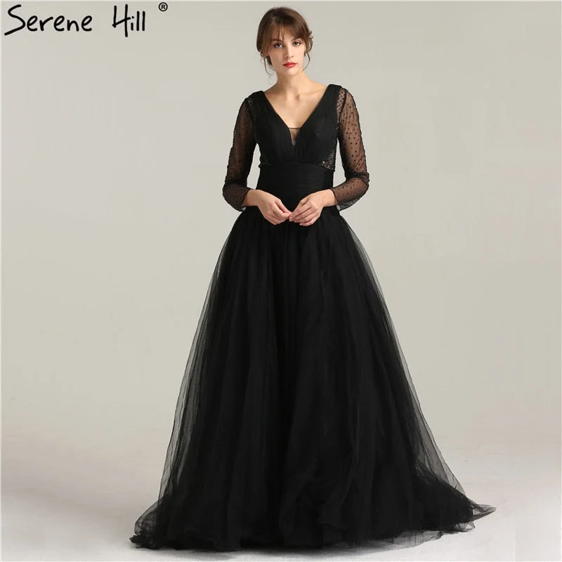 Black V-Neck Tulle Sexy Prom Dresses Crystal Pleat A-Line Evening Party Gowns LA6273