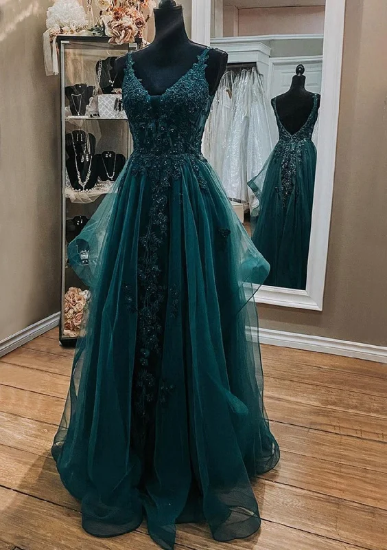 Ink Blue Prom Dresses, A-line V Neck Sleeveless Lace Tulle Long/Floor-Length Prom Dress With Beading Ink Blue Prom Dresses, A-line V Neck Sleeveless Lace Tulle Long/Floor-Length Prom Dress With Beading