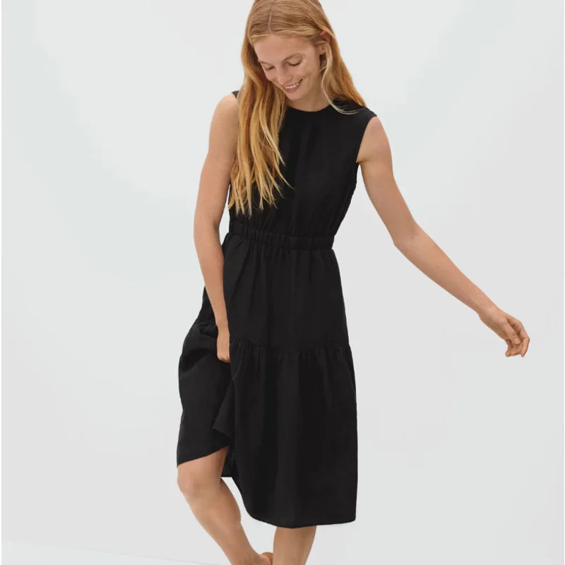 Everlane Womens The Open Back Linen Dress Sz 00 Black Sleeveless Midi NWT