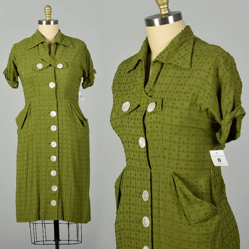 XL 1950s Green Rayon Day Dress Casual Short Sleeve