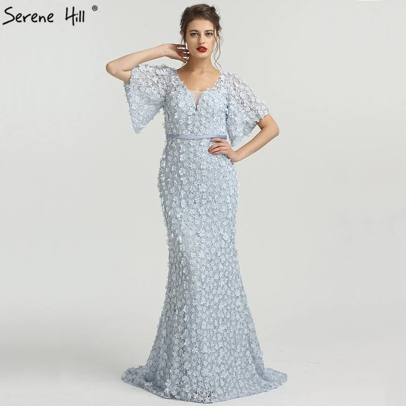 On Sale No Return No Refund Sale Sexy Mermaid Short Sleeves Luxury Evening Dresses Flowers Lace  Pearls Fashion Elegant Evening Gowns 2024 Serene Hill LA6311