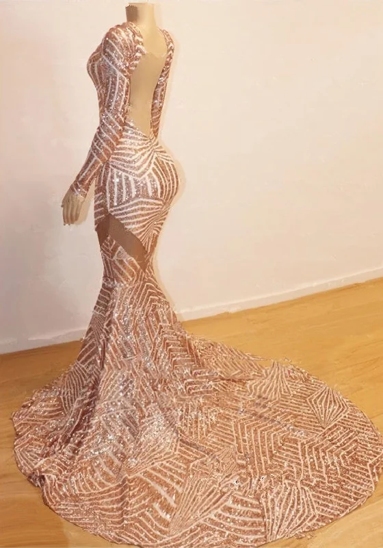 Charming Long Sleeves V Neck Backless Pink Lace 2024 Prom Dresses