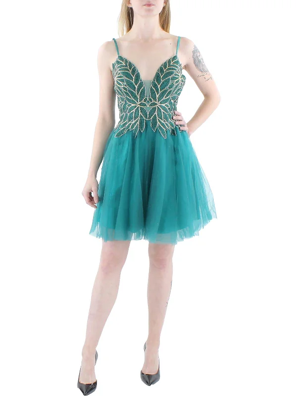 Juniors Womens Mesh Beaded Fit & Flare Dress