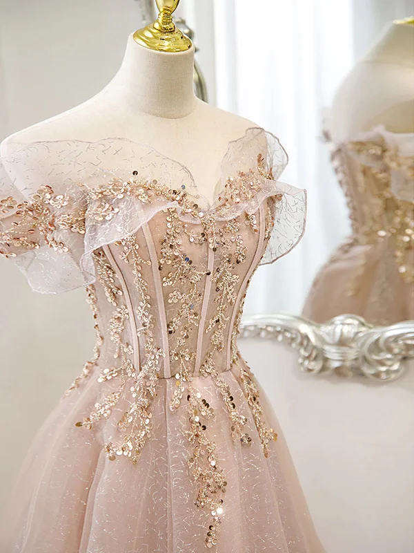 Off the Shoulder Champagne Tulle Lace Prom Dress, Off Shoulder Champagne Lace Formal Dress
