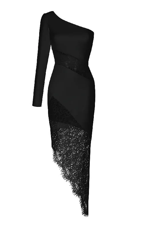 One Shoulder Crepe And Lace Midi Prom Dress