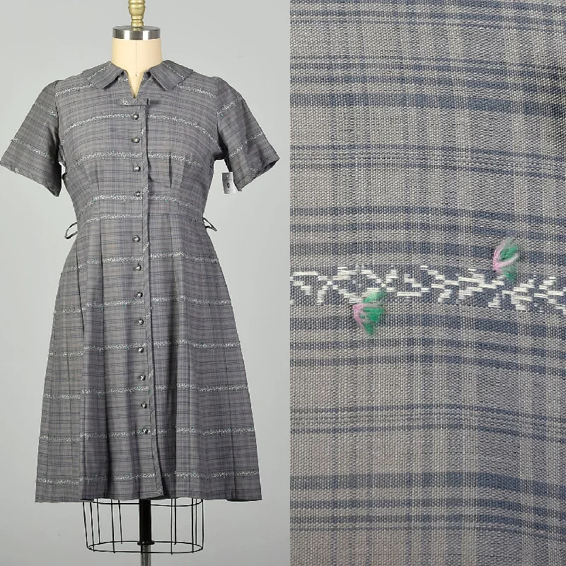 XXL 1950s Gray Plaid Cotton Day Dress Short Sleeve Summer Casual Volup