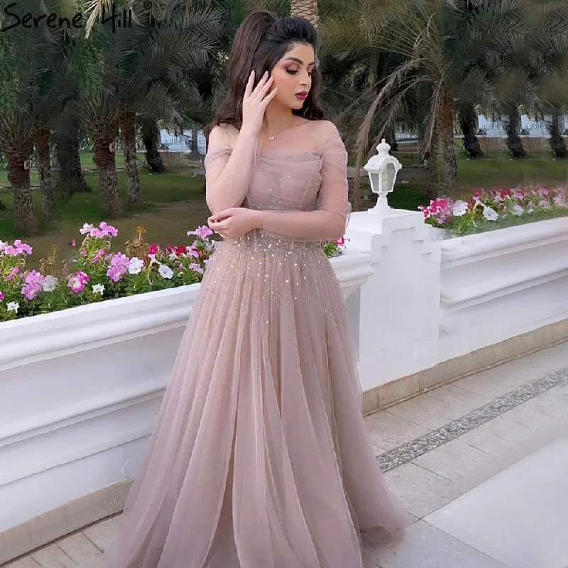 Serene Hill Pink Sexy Prom Dresses Long 2024 Beaded Long Sleeves Sexy A-Line Graduation School Party Gown LA71222